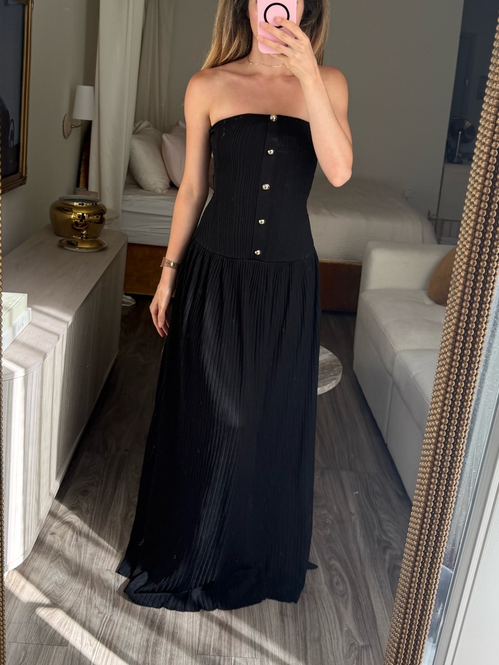 Self-Portrait Black Bandeau Knit Strapless Maxi Dress Gold Buttons Size S - Picture 9 of 16